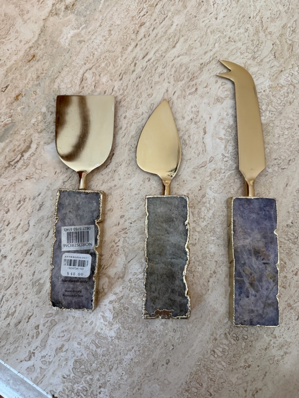 Anthropologie Gold-Trim Agate Cheese Knife Set